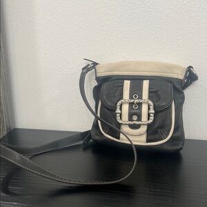 B. Makowsky Black and Cream Crossbody Bag with Buckle